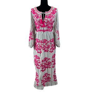 Nimo With Love Medium Maxi Dress 100% Cotton Pink Embroidered Gray Striped